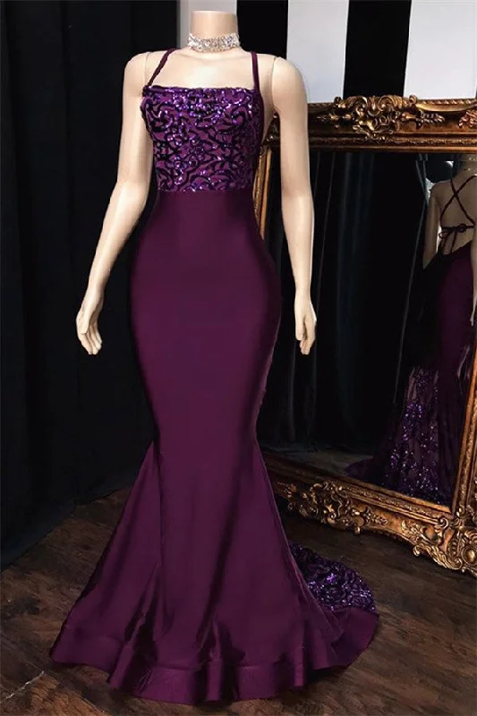 Discount Days Mermaid Purple Spaghetti-Straps Appliques Sleeveless Prom Dresses