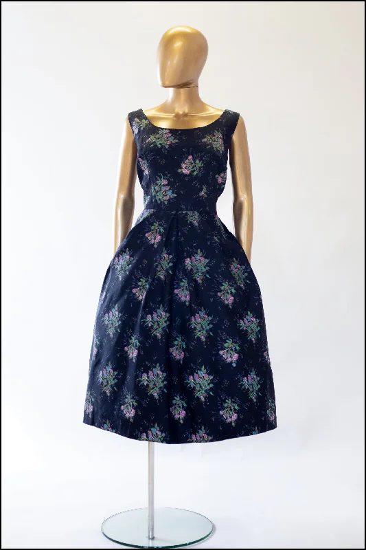 Daily Deals Vintage 1950s Black Floral Taffeta Dress