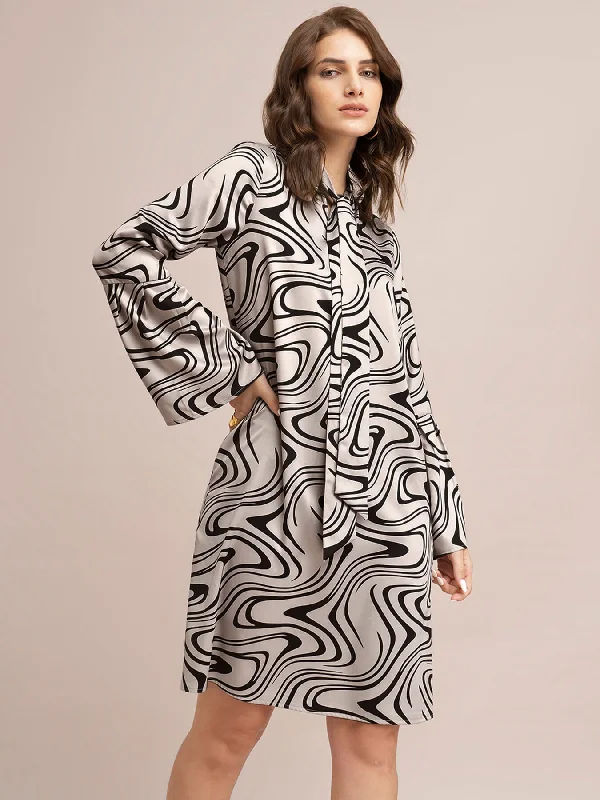 Act Now Satin Abstract Print Shift Dress - Beige And Black