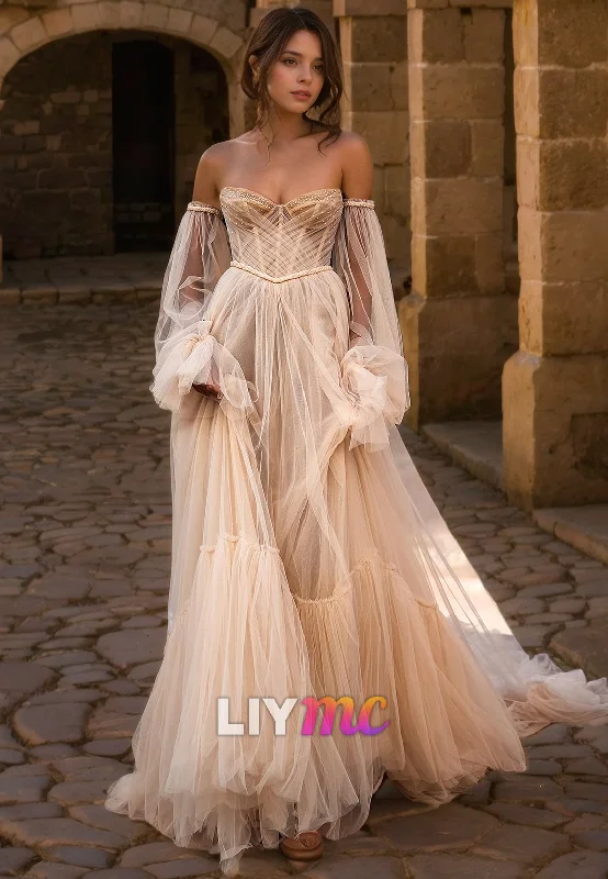 Exclusive Deal LW401 - Sweetheart Long Puff Sleeves Beaded Tiered Tulle Long Wedding Dress