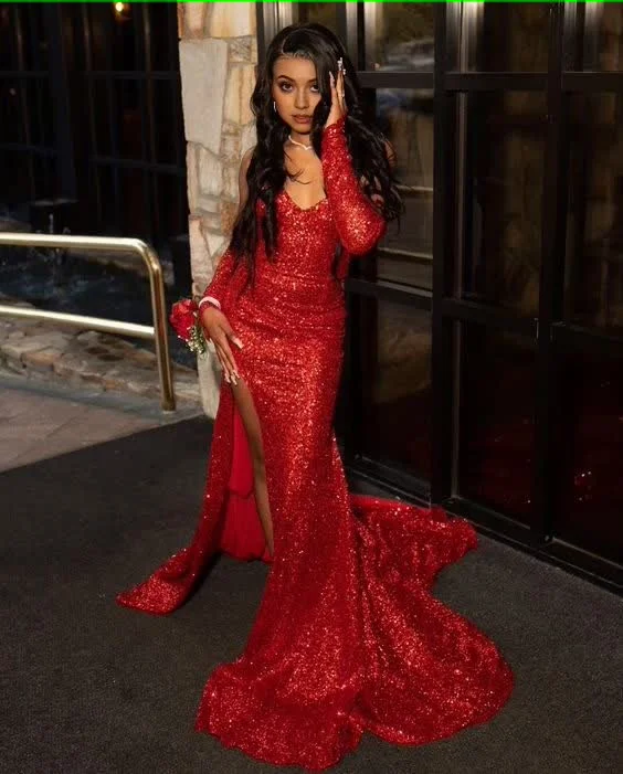 Daily Deals Sequins Prom Dress, Red Party Dresses, Mermaid Evening Dresses