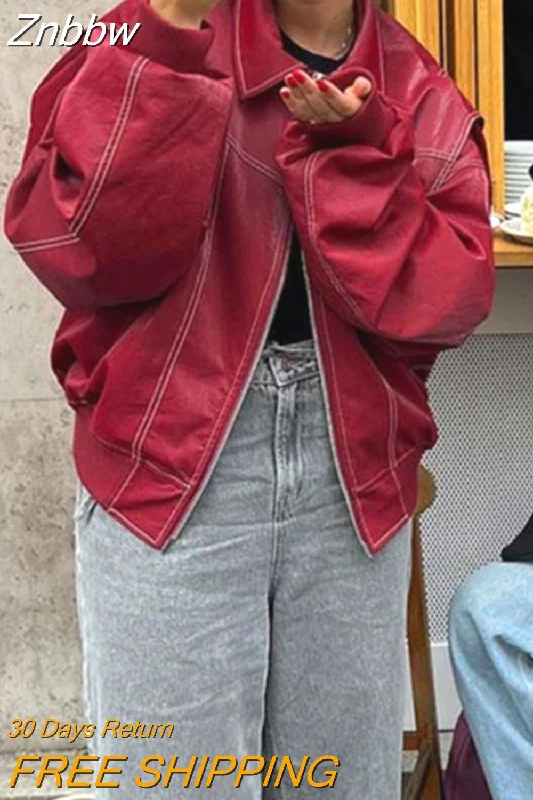 Best Deals Znbbw Contrast Stitch Red Jacket Women's Fashion Casual Long Sleeve Cropped Overcoat 2023 Autumn/Winter Chic Street Wear
