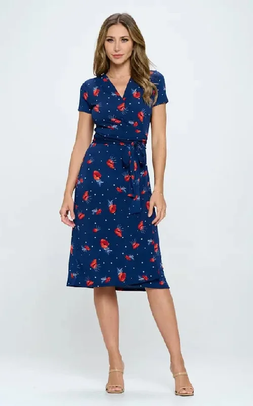 Special Offer Renee C- Floral Print V Neck Wrap Dress with Tie