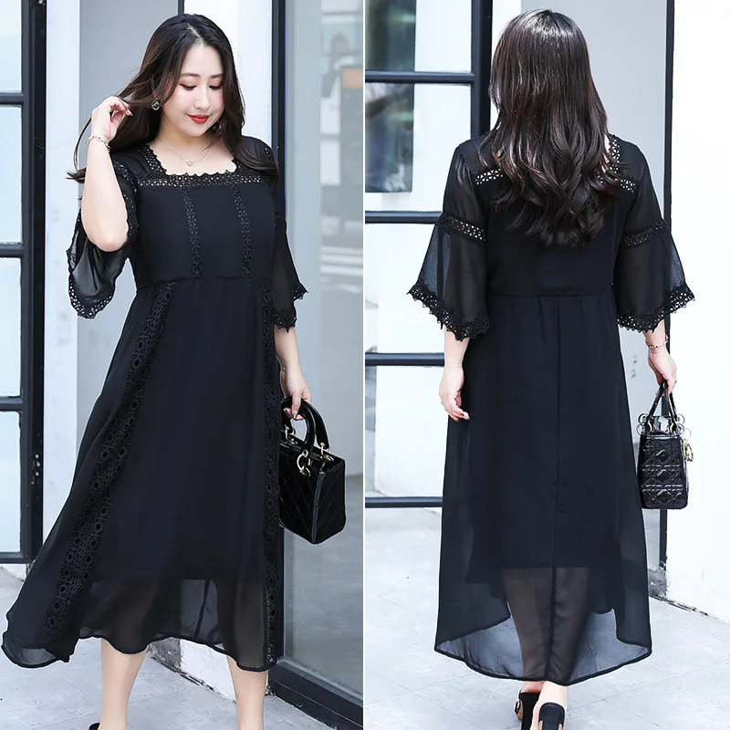 Act Fast (4XL-8XL) Plus Size Black Square Neck Chiffon Lattice Lace Midi Dress (Extra Big Size)
