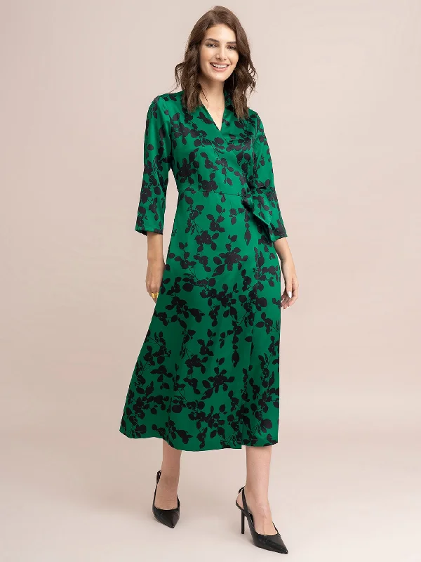 Savings Alert Satin Floral Print Wrap Dress - Green And Black