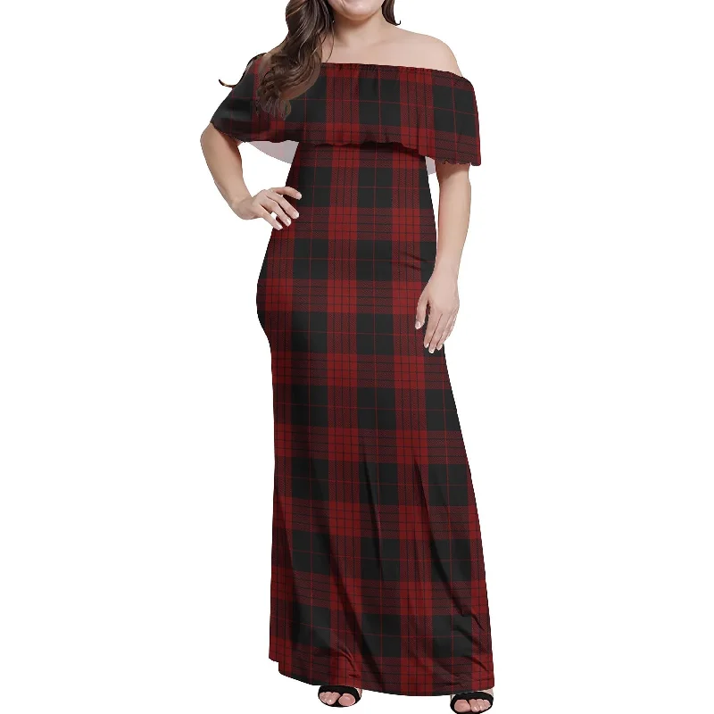 Act Now Cameron Black and Red Tartan Off Shoulder Long Dress