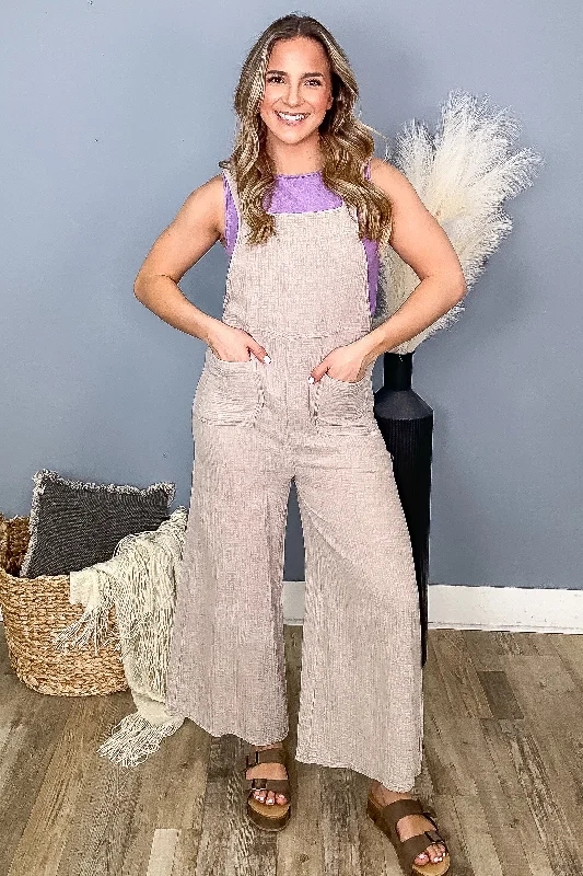 Stock Up and Save Light Mocha Washed Gauze Wide Leg Overalls