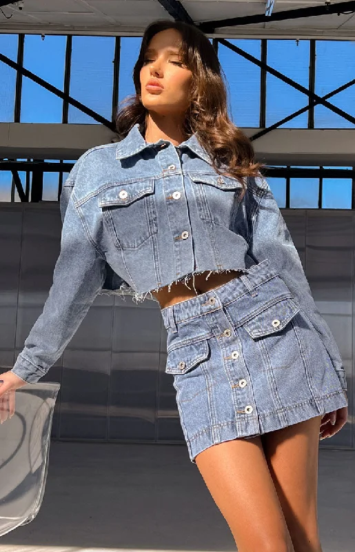 Stock Clearance Helena Mid Wash Denim Cropped Jacket