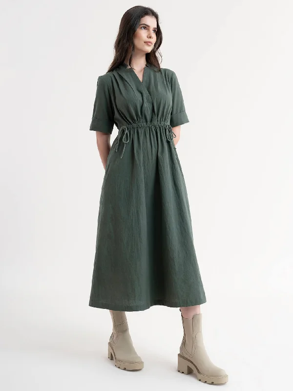 Bargain Prices Linen Dress With Elasticated Waist - Olive
