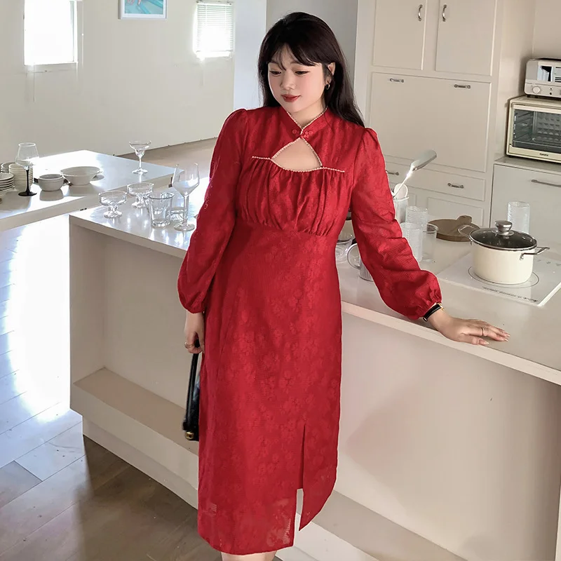 Midnight Madness Plus Size Modern Lace Long Sleeve Cheongsam Dress