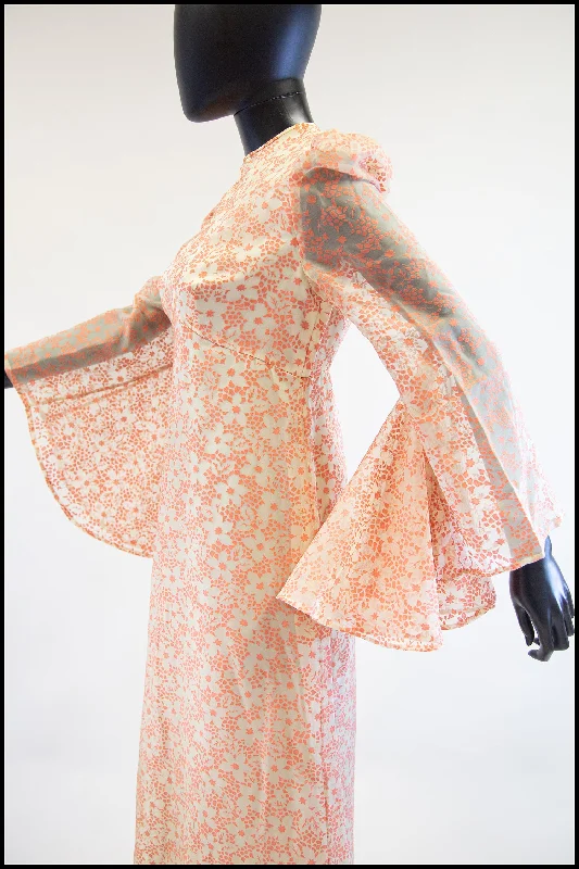 Super Savings Vintage 1970s Peach Devore Maxi Dress