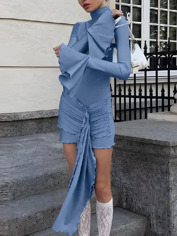 Stock Clearance Tie Front Turtleneck Mini Dress
