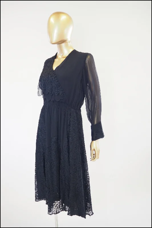 Price Drop Vintage 1930s Black Chiffon Lace Dress
