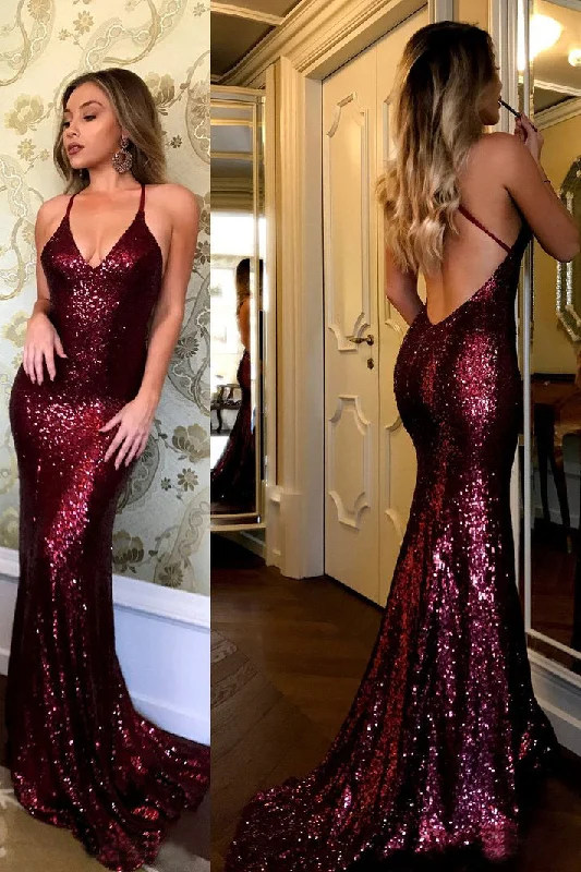 New Arrival Sparkling Burgundy Sequins Mermaid V-Neck Sweep Train Party Dresses N555 New Arrival Sparkling Burgundy Sequins Mermaid V-Neck Sweep Train Party Dresses N555