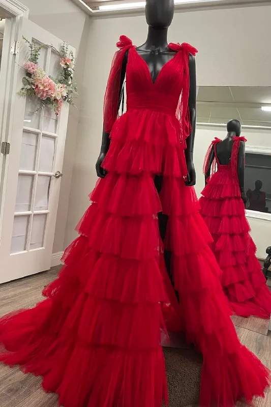 Massive Deals Red Long Prom Dress Princess A Line V Neck Party Evening Dress with Ruffles