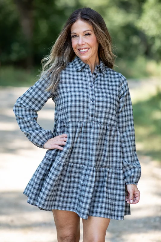 Midnight Sale Black and Grey Gingham Long Sleeve Dress
