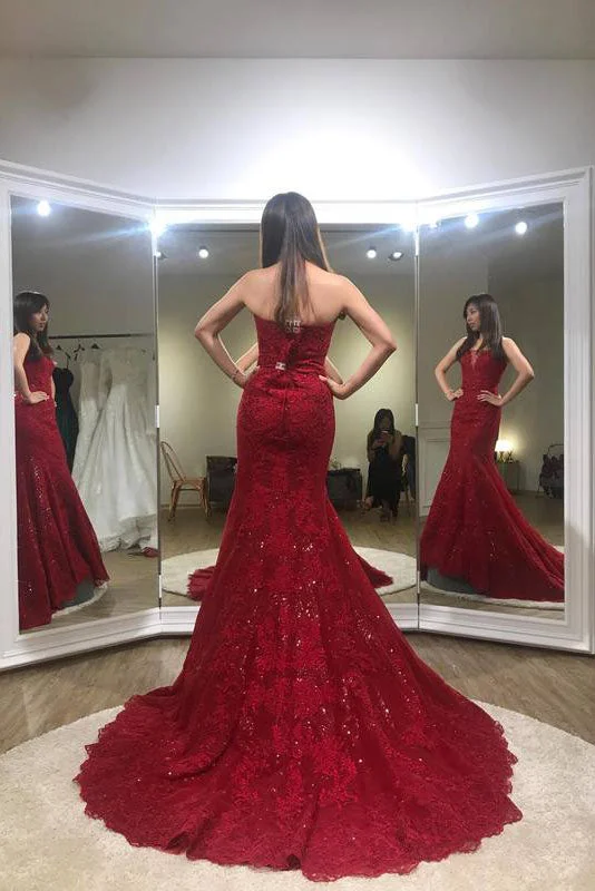 Discount Deals Sexy Trumpet Red Strapless Sweep Train Lace Prom Dresses N434