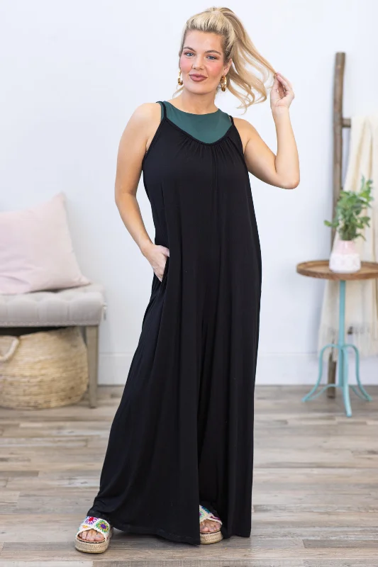Extra Savings Black Adjustable Strap Flowy Jumpsuit