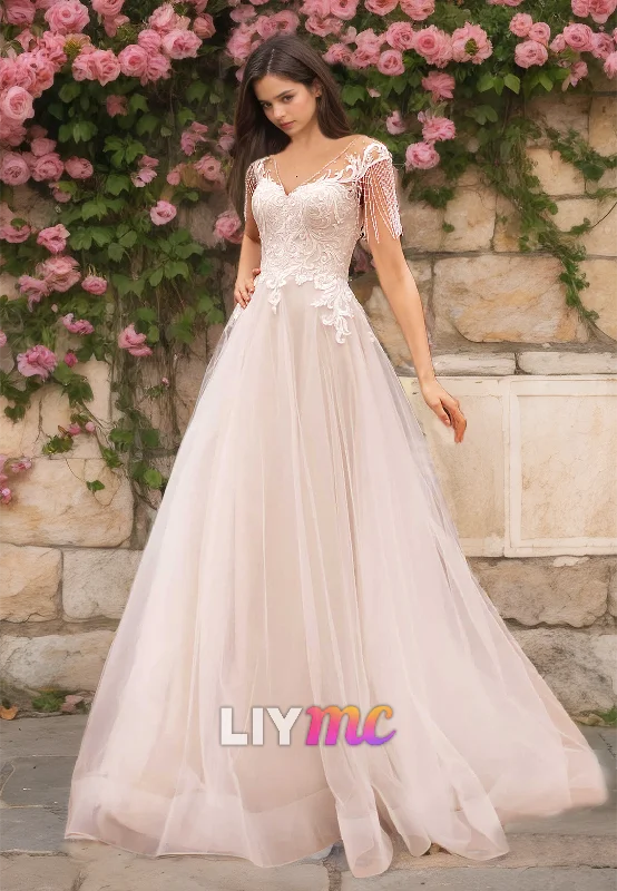 Special Discount V-Neck Cap Sleeves Lace Appliques Tulle A-Line Wedding Dress