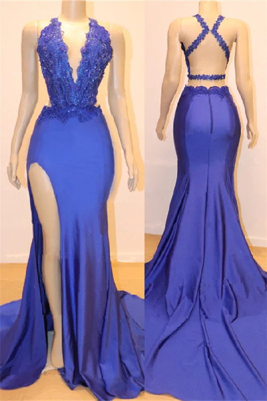 Price Rollback Royal Blue V-neck Open back Side Slit Mermaid Beads Lace Prom Dresses Price Rollback Royal Blue V-neck Open back Side Slit Mermaid Beads Lace Prom Dresses