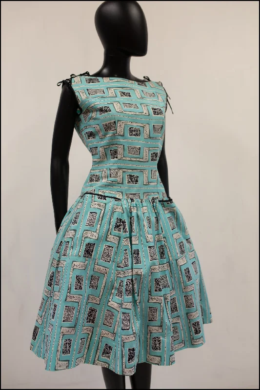 Price Fest Vintage 1950s Mid Century Print Blue Dress