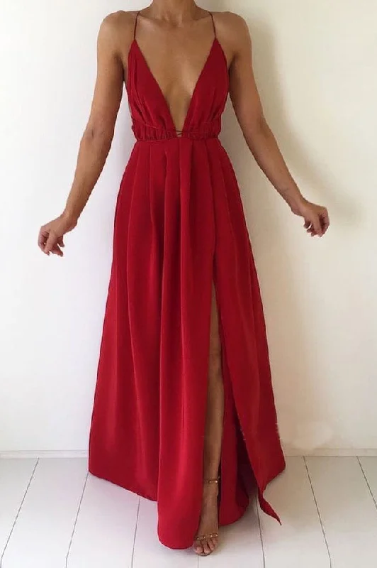 Fantastic Deals Red Deep V-Neck Chiffon Backless Prom Dresses with Slit