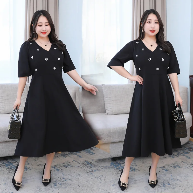 Big Discounts Plus Size Formal Embellished Pearl V Neck Dress (Extra Big Size)