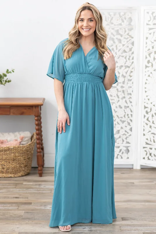 Huge Savings Dusty Teal Leg Slit Maxi Dress