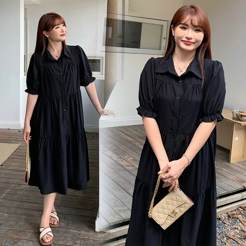 Warehouse Sale Plus Size Black Korean Babydoll Shirt Dress(Extra Big Size)