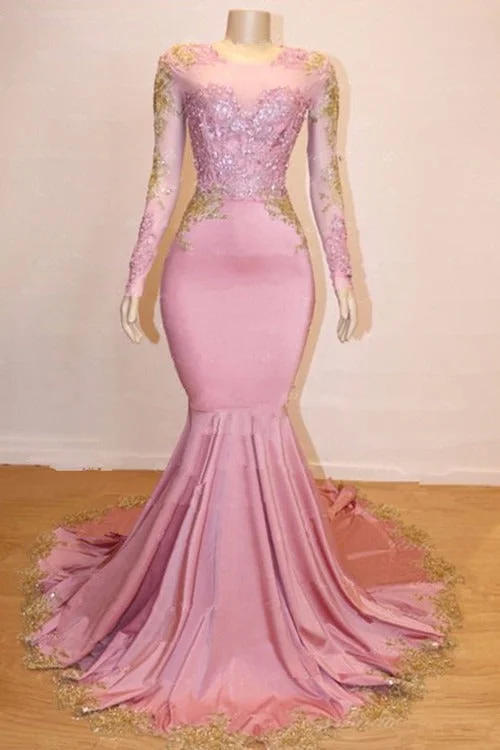 Don't Miss Long Sleeves Round Collar Mermaid Prom Dress Sequins Pink Long Chiffon