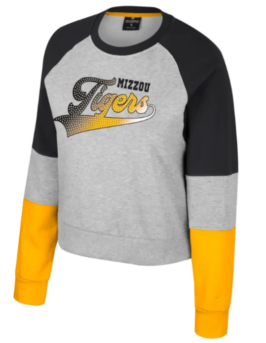 Price Cut Mizzou Tigers Colosseum Women's Katinka Stud Black and Gold Crew Sweatshirt Price Cut Mizzou Tigers Colosseum Women's Katinka Stud Black and Gold Crew Sweatshirt