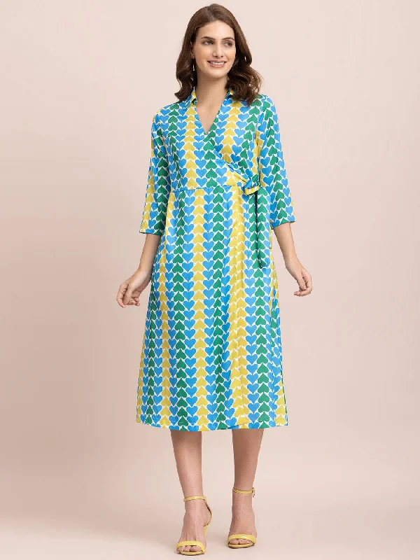 Price Drop Alert Satin Spade Print Wrap Dress - Blue