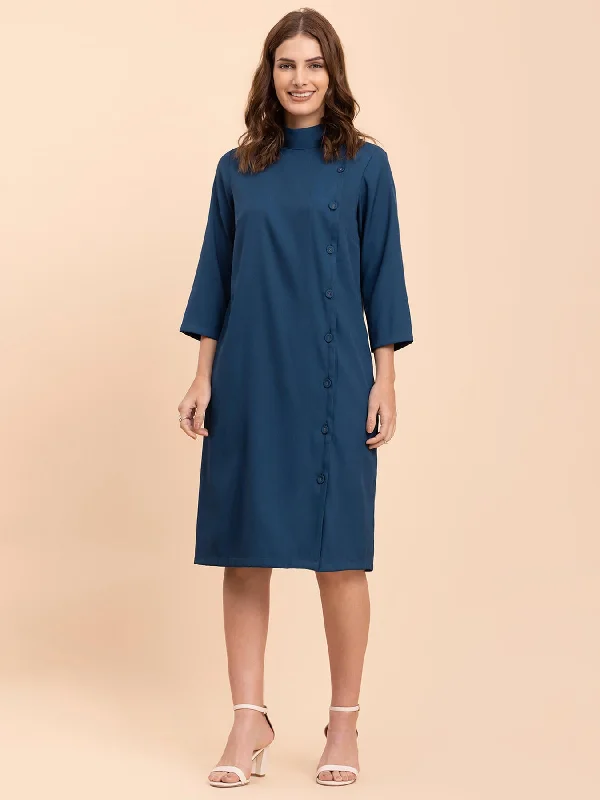 The Best Prices High Neck Button Down Shirt Dress - Teal