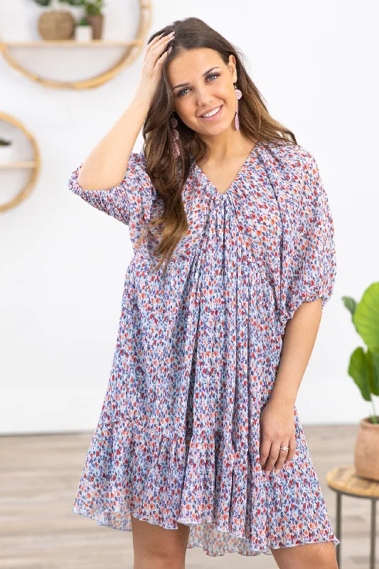 Hot Deal Pastel Blue and Red Floral Print V-Neck Dress