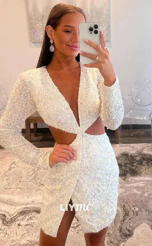 Deal Alert LY074 - V-Neck Long Sleeves Cut Outs Sequins Sheath Short Homecoming Dress Deal Alert LY074 - V-Neck Long Sleeves Cut Outs Sequins Sheath Short Homecoming Dress