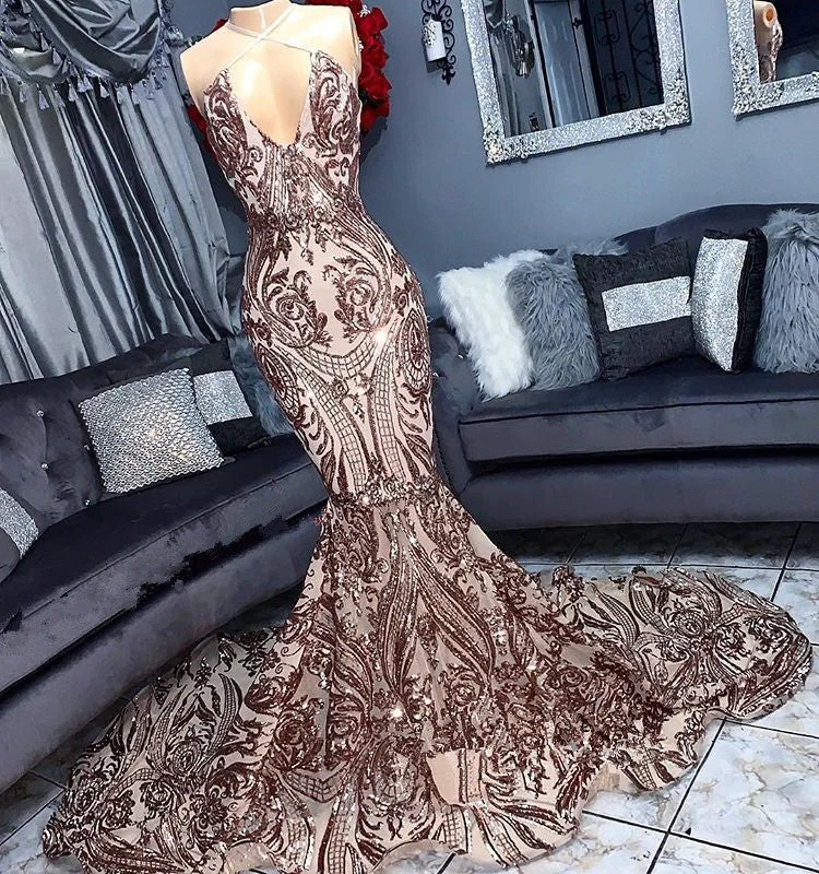 Savings Alert Sexy V-neck Sequins Sleeveless Mermaid Floor Length Prom Dresses