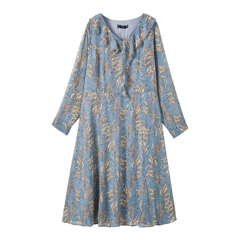 Season Finale Sale (4XL-10XL) Plus Size Blue Print V Neck Long Sleeve Dress (EXTRA BIG SIZE)